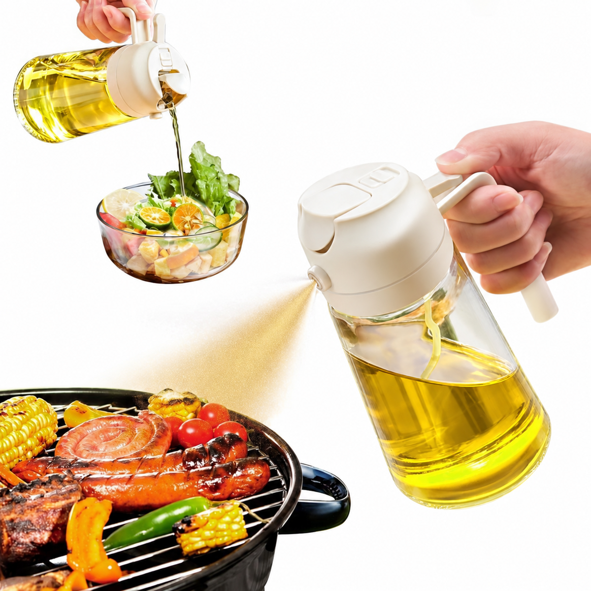2-in-1 glass oil sprayer and dispenser bottle spraying oil on BBQ and pouring oil over salad