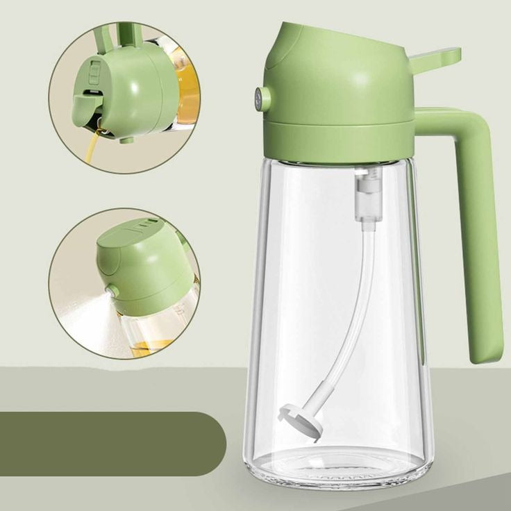 2-in-1 oil sprayer and dispenser bottle showing spray
