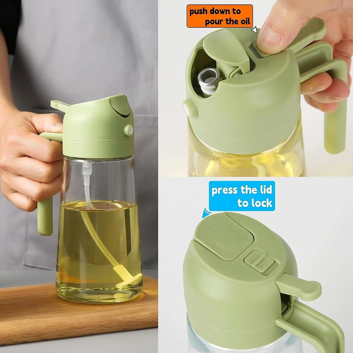 Green 2-in-1 oil sprayer and dispenser bottle showing spray, pour and lid lock functions