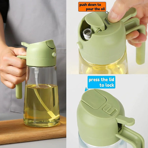 Green 2-in-1 oil sprayer and dispenser bottle showing spray, pour and lid lock functions