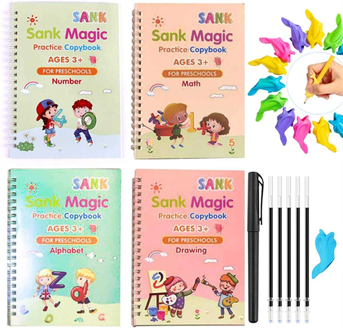 Sank Magic Practice Copybook Set – 4 Reusable Books, Magic Pen & 10 Refills for Kids 3+